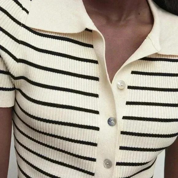 Apricot Casual Women's Lapel Striped Button Knitted Sweater - Picture 4 of 7